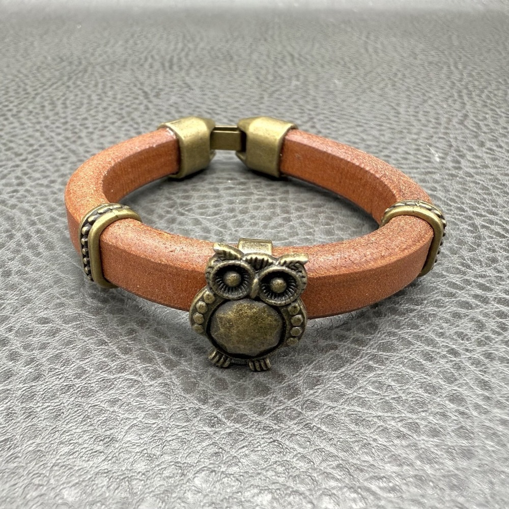 Bracelet Brown Leather Owl Charm Brassβ Tone Bangle Womens Boho Jewelry 7 Inch